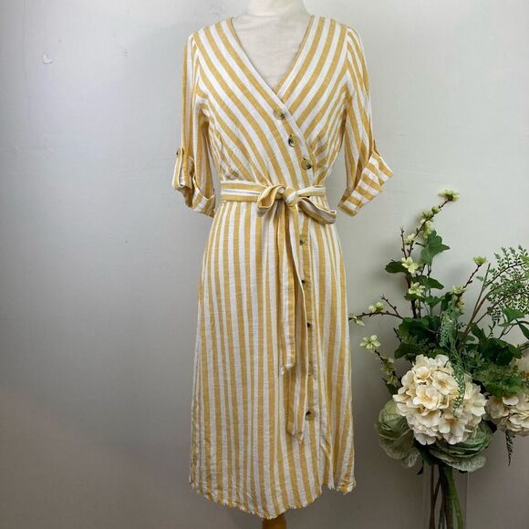 Luxology Dresses & Skirts - LUXOLOGY dress | yellow stripe | linen | M | Button down | Spring Summer